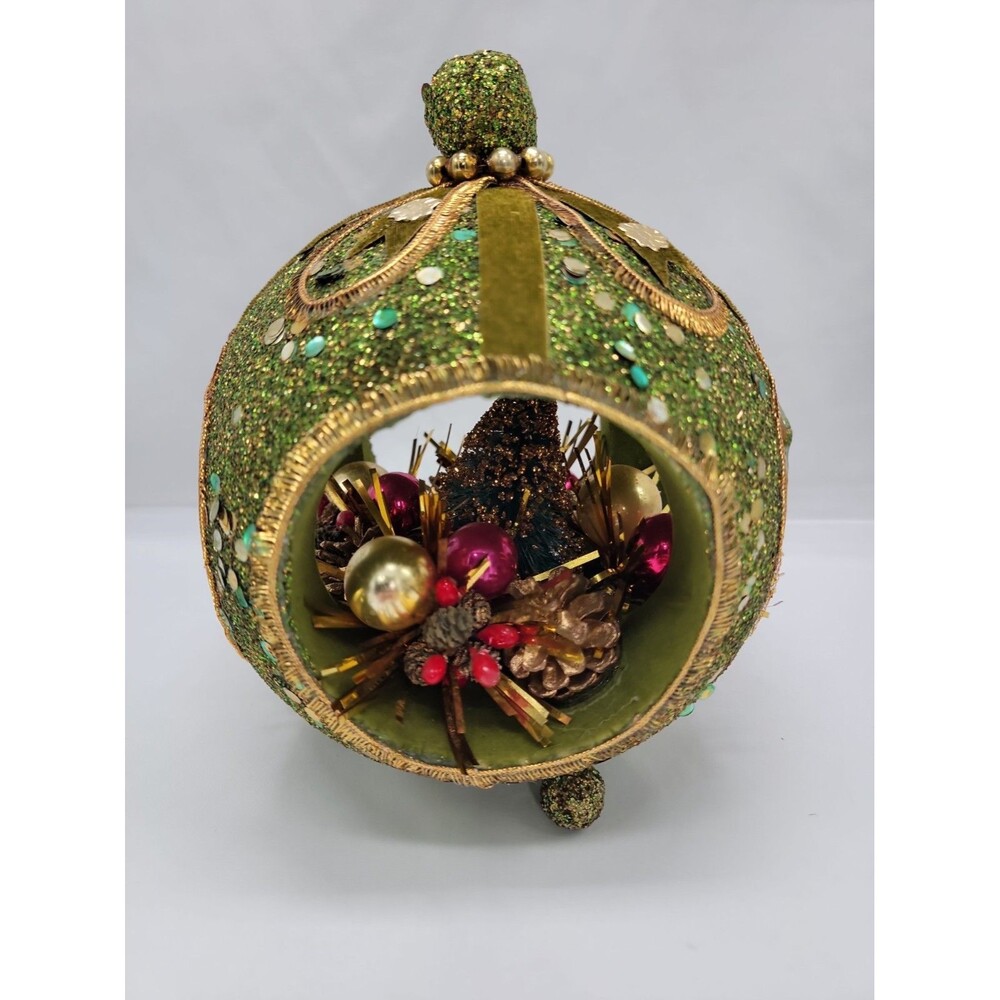 Vintage Green Glitter Diorama Footed Christmas Ball Decor 7.5x5.5"